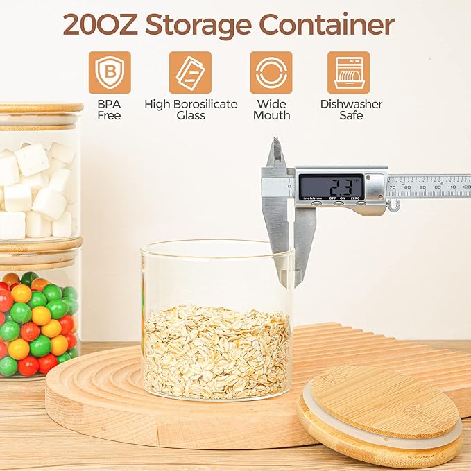 ComSaf Airtight Glass Food Storage Jars Set of 6, 0.6 Qt Clear Glass Food Storage Container with Sealing Wooden Lid, Stackable Spice Jar, Round Kitchen Canister for Sugar, Tea, Coffee bean, Pasta, Oat-NeatNest