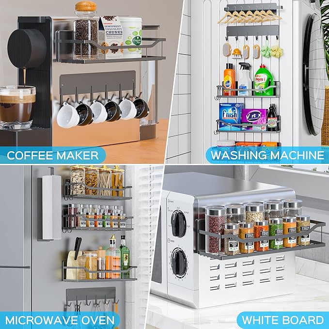 5 Pack Magnetic Shelves for Washing Machine & Refrigerator, Paper towel holder, Movable Powerful Magnetic Spice Racks with Unique Hollow Design, for Laundry Room and Kitchen Organization (Grey)