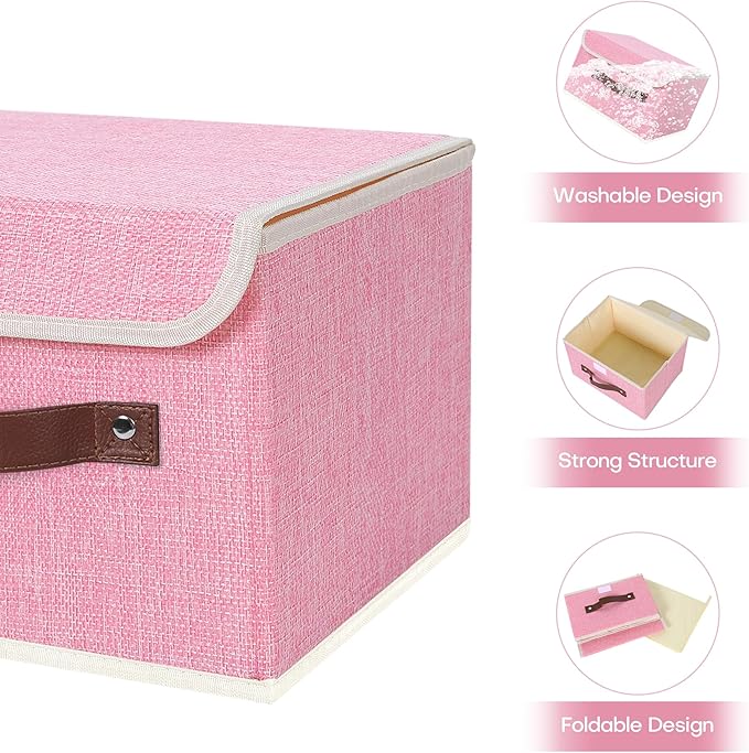 ANMINY 4PCS Storage Bins with Lid PU Leather Handles Storage Boxes PP Plastic Board Decorative Foldable Lidded Cotton Linen Fabric Home Cubes Baskets Closet Organizer Containers - Pink, Small Size-NeatNest