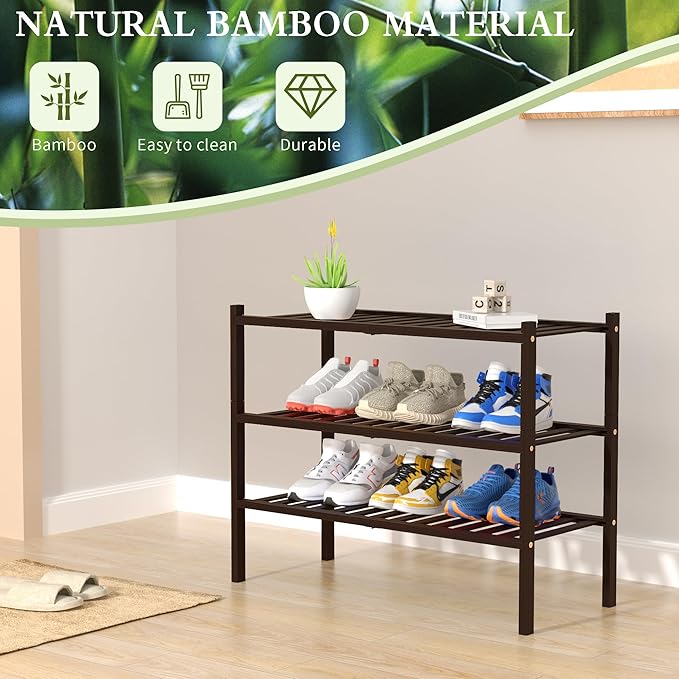3 Tier Bamboo Shoe Rack for Closet Free Standing Wood Shoe Shelf for Entryway Small Space Stackable 27"x11"x20" (Brown)-NeatNest