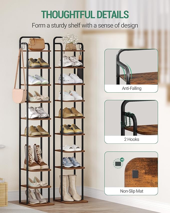10 Tiers Vertical Shoe Rack, Narrow Shoe Tower, Tall Shoes Shelf with 2 Hooks, Adjustable Shelves, Corner Shoes Shelves for Small Spaces, Entryway, Living Room, Rustic Brown SR11201B-NeatNest