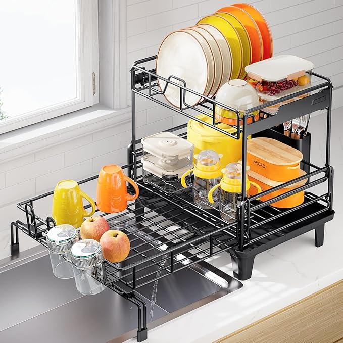 Extendable Dish Drying Rack, Multifunction Dish Rack for Kitchen Counter, Expandable Dish Drainer Over Sink, Large Dish Strainer with Cups Holder, 2 Tier Black