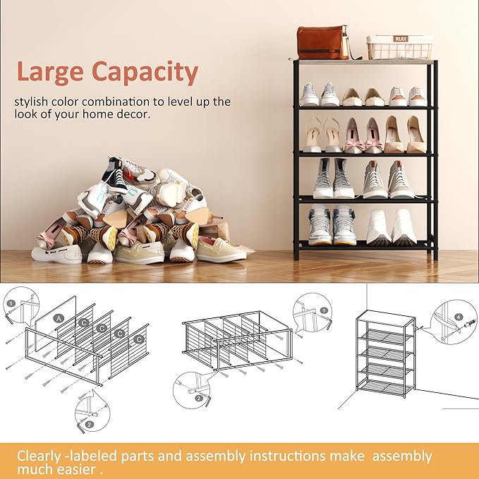 HOMEFORT 5 Tiers Shoe Rack Organizer,23" Shoe Storage Shelf for Closet, Shoe Rack for Entryway, Each Tier Fits 3 Pairs, Shoe Stand with Metal Shelves and MDF Top Board, Washed Gray-NeatNest