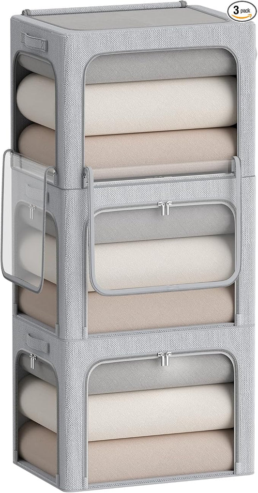 3 Openings Clothes Storage Bins Box - 3Pack Stackable Foldable Bin With Metal Frame - Clothing Organizer With Clear Window, Carry Handles (36L-15.7x11.8x11.8in, Light Grey)-NeatNest