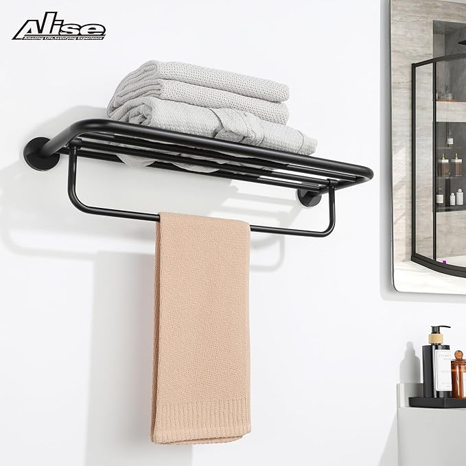 Alise 24 Inch Towel Racks for Bathroom, Foldable Towel Hanger Towel Shelf with Tower Bar, Heavy Duty Towel Holder, SUS 304 Stainless Steel Wall Mount Towel Rail, Matte Black