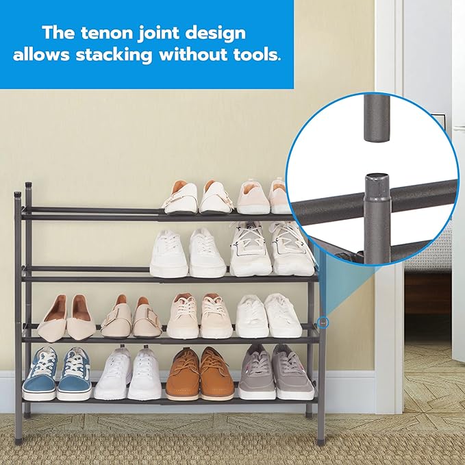 STORAGE MANIAC Expandable Shoe Rack, 16 Pairs Stackable Small Shoe Rack, Metal Adjustable Shoes Organizer for Closet, Entryway, Hallway, Garage, Front Door, Shoes Shelves, Black 4 Tier-NeatNest