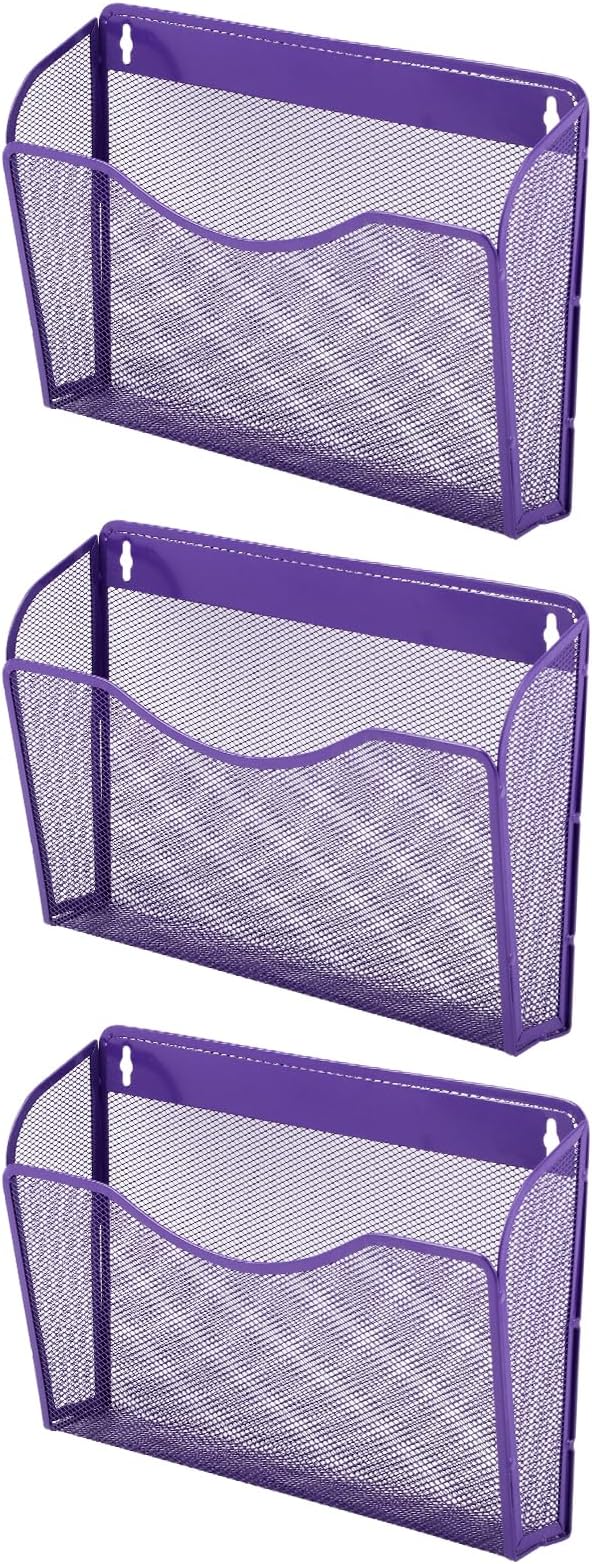 EASEPRES 3 Single Pocket Mesh Hanging File Organizer, Vertical Wall Mounted Magazine File Holder, Mount Basket Mail Paper Document Folder Organizing for Office, Home and School, Purple