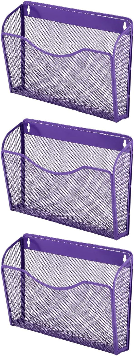 EASEPRES 3 Single Pocket Mesh Hanging File Organizer, Vertical Wall Mounted Magazine File Holder, Mount Basket Mail Paper Document Folder Organizing for Office, Home and School, Purple