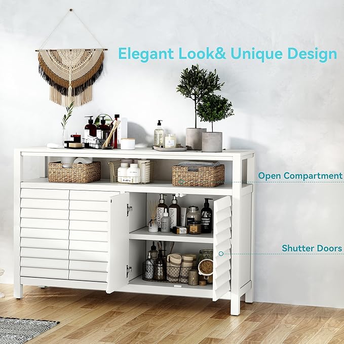 HLR Bathroom Floor Storage Cabinet, Farmhouse Sideboard with Decorative Louvered Doors, Bathroom Storage Unit with 4 Doors & Shelves, Freestanding Credenza for Dining Room, Living Room, Hallway, White-NeatNest