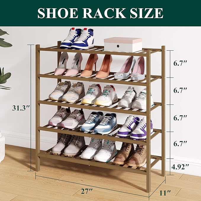 Smiry Bamboo Shoe Rack for Closet, 5 Tier Wooden Stackable Shoe Organizer, Free Standing Shoes Storage Shelf for Entryway, Front Door Entrance, Walnut-NeatNest