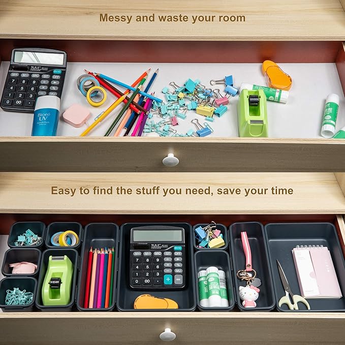Gonice 18 PCS Black Desk Drawer Organizer Tray, Interlocking Drawer Organizers and Storage with 3 Sizes for Office, Bathroom, Kitchen, Makeup-NeatNest