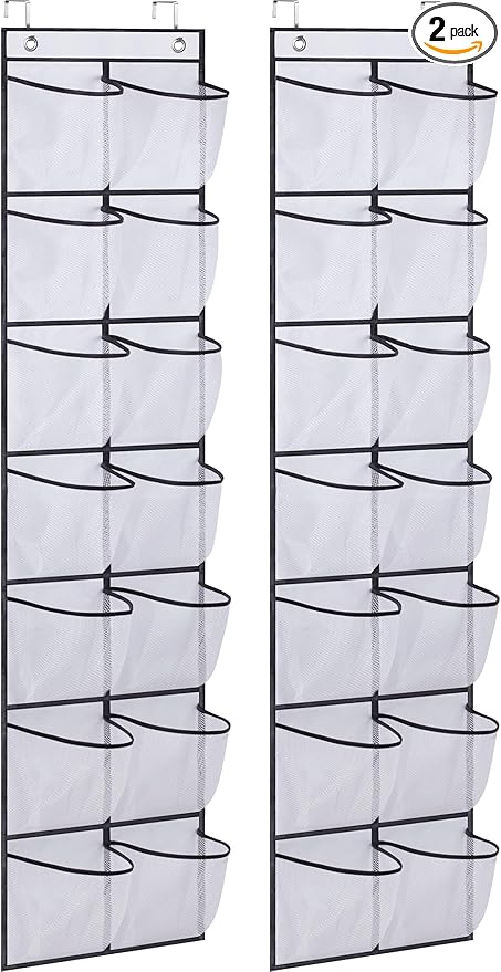 MISSLO Narrow Over the Door Shoe Organizer 14 Large Pockets Door Shoe Hanger Hanging Shoe Rack for Closet Cruise Ship Essential,White, 2 Pack-NeatNest