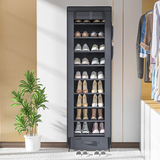 Shoes Rack 10 Tier Tall Narrow Shoe Rack with Bin Covered Shoe Shelf Storage Organizer Closet Stackable Shoe Stand-NeatNest