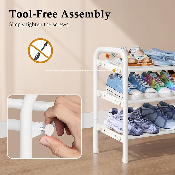 Shoe Rack for Closet, 3 Tier Shoe Organizer, 28“ Metal Shelf Can Expandable to 42“, for Closet, Entryway, Bedroom, Garage, Adjustable to 18 Pairs Shoes, White-NeatNest