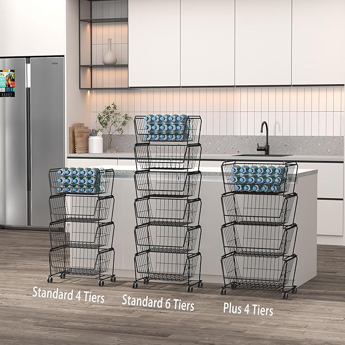 PUSDON Stackable Metal Storage Carts, Dual Use Shelf for Kitchen Fruit Vegetable Baskets with Wheels, Storage Rack for Living Room, Home & Office, Standard Black 6 Tiers
