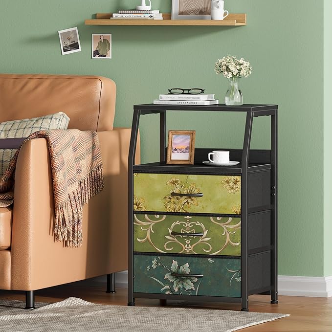 Furnulem Retro Night Stand with 3 Drawers and 2-Tier Shelf, Small Nightstand Side Table, Vintage Storage Dresser for Bedroom, Fabric Drawer Organizer for Closet, Beside Furniture-NeatNest