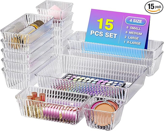 15 PCS Clear Plastic Drawer Organizer Set - 4 Sizes Makeup Organizer Desk Drawer Divider Bathroom Organizers and Storage Bins for Makeup, Jewelry, Gadgets, Office, Kitchen, Bedroom, Bathroom-NeatNest