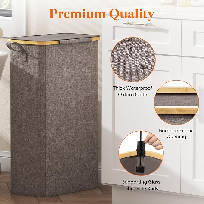 Lifewit 75L Slim Laundry Hamper with Lid, Narrow Laundry Basket with Removable Bag & Bamboo Handles, Fodable Thin Dirty Clothes Hamper for Laundry Collapsible Bin for Bathroom Bedroom Dorm, Brown-NeatNest