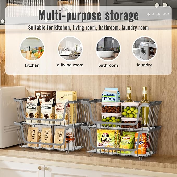 4 Pcs Stackable Wire Baskets for Pantry Organizers and Storage,Vegetable Fruit Basket for Countertop,Kitchen Storage Metal Baskets,Produce Potato Onion Storage Bin,Gray