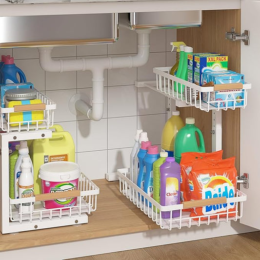 ADRIMER Under Sink Organizer 2 Packs, Pull Out Kitchen Sink Organizer, 2 Tier Slide Out Kitchen Organizers and Storage Bathroom Under Cabinet Storage Shelf, White-NeatNest