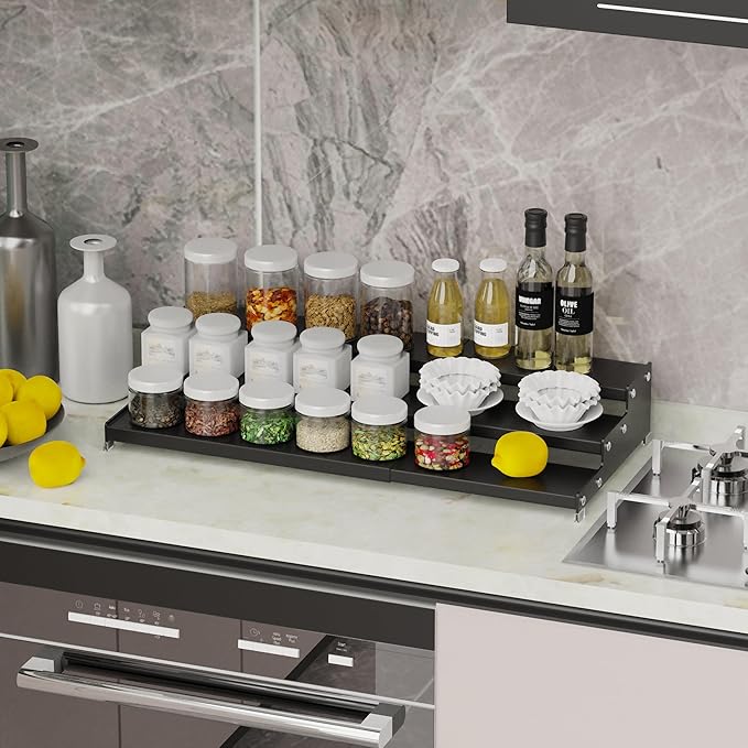 Expandable Spice Rack Storage organizer with 3-Tier step shelf for cabinet,seasoning racks organizion.Great for Kitchen countertop shelves,Pantry and more (1pack/Black)-NeatNest