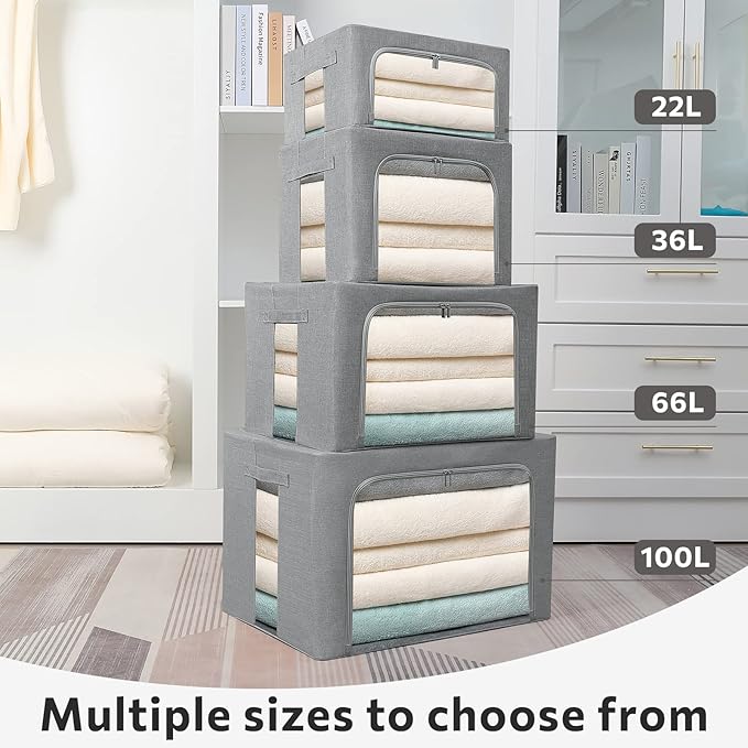 2 Pack Clear Window Storage Bins Foldable Fabric Storage Bins Boxes for Clothes Stackable Box Organizer Set with Carrying Handles (Gray,22L, 15.7x 11.8x 7.8 Inch)-NeatNest