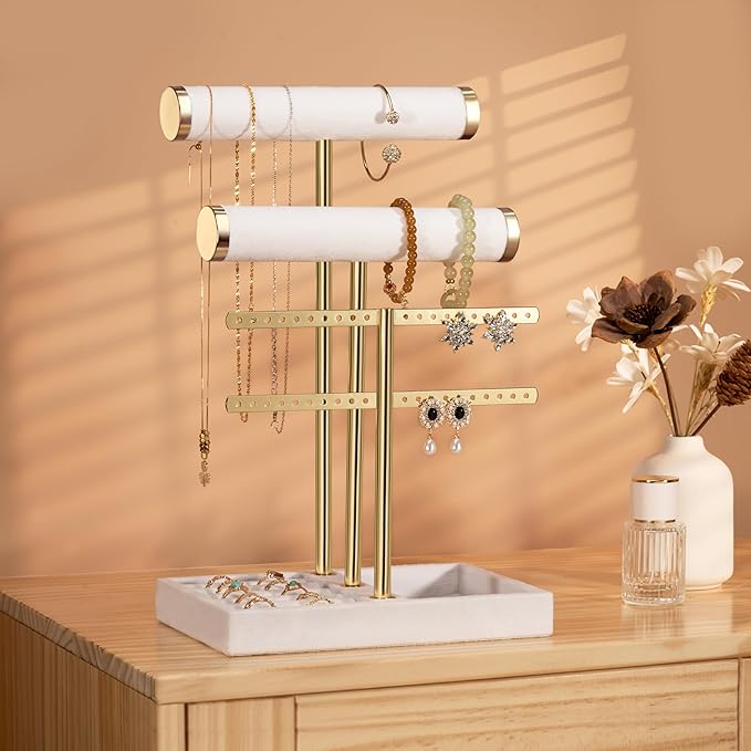 3 Tier Bracelet Holder Display - Detachable T Bar White Velvet Bracelet Holder, Jewelry Holder Organizer for Bracelet, Necklace, Earrings, Rings