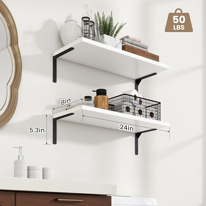Fun Memories Deep Floating Shelves, 24W x 8D Floating Shelves Set of 2, Wall Mounted Shelf with Metal Brackets, Rustic Wood Wall Shelf for Bathroom, Kitchen and Living Room, White-NeatNest