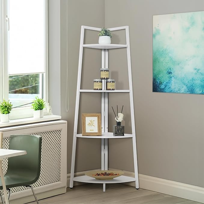 CAPHAUS Tall Corner Shelf Stand, 4-Tier Display Shelves, Ladder Corner Wood Storage Plant Bookshelf with Metal Frame, Versatile Shelving Unit Bookcase for Home Office Space, White-NeatNest