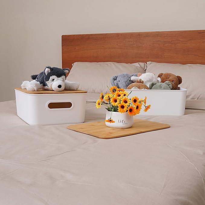 Citylife 2 PCS Storage Bins with Bamboo Lids Plastic Storage Containers for Organizing Stackable Storage Box with Handle, 15.16 x 10.79 x 5.83 inch-NeatNest