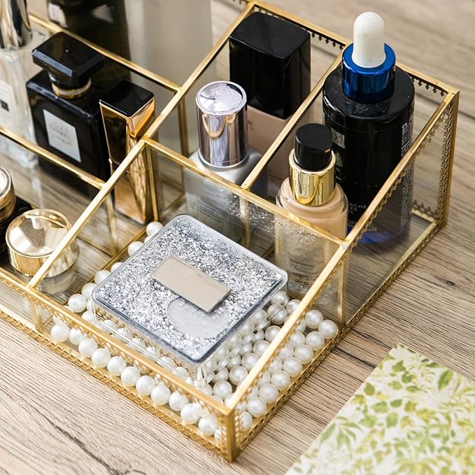 Vintage Gold Makeup Organizer - Glass Makeup Organizer Countertop Organizer for Make-Up Brushes Vanity, Tabletop Organizer Display Case for Bathroom, Vanity, Drawers GJB001
