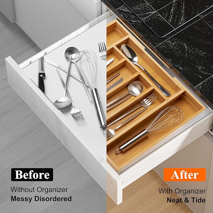 Expandable Large Utensil Drawer Organizer Cutlery Tray Bamboo Kitchen Silverware Organizer Cooking Utensil Tray Holder Adjustable Wooden Flatware Organizer for Drawer Spoon Fork Silverware Tray-NeatNest