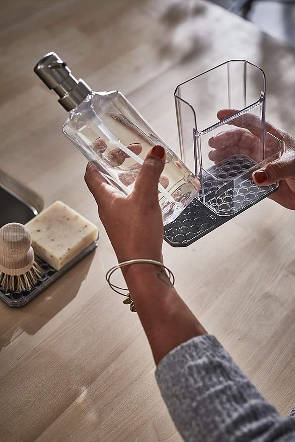 Spectrum HEXA Sponge & Brush Organizer With Soap Pump, Kitchen Sink Organizer With Refillable Soap Pump, Sponge & Dish Brush Holder Easy-Clean Sink Organization & Dish Brush Holder with Removable Base