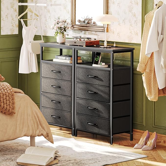 Huuger Night Stand with Charging Station, 4 Drawer Dresser for Bedroom, Bedside Table, 33.9 Inch Tall Nightstand with Open Shelf, End Table, for Closet, Entryway, Bedroom, Black 8055BC