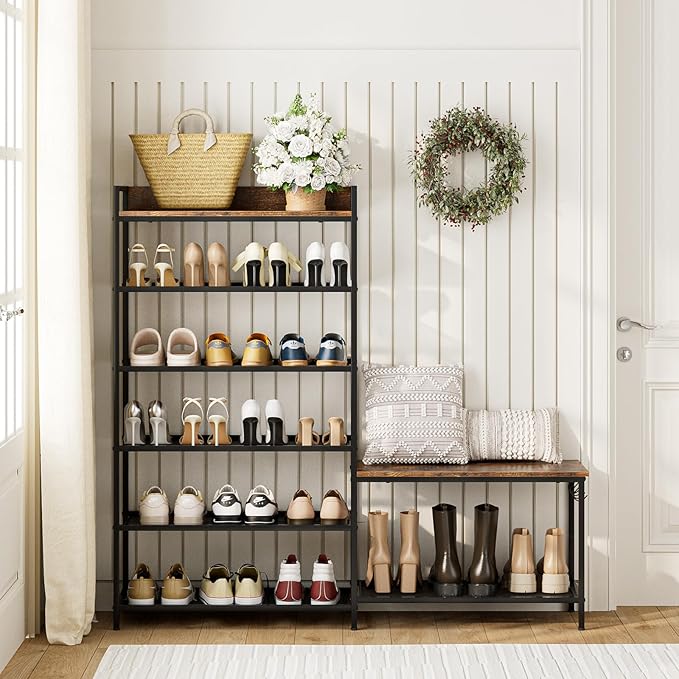 Shoe Rack Bench Storage Organizer for entryway,6-Tier Industrial Free Standing Shoe and Boot Racks with Seat,Entrance Shoe Rack Organizer Shelves for High Heels,Hallways, Closets,Brown,48.7in-NeatNest