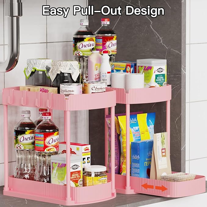 2 Pack Multi-Purpose Pull-Out Storage Organizers, Under Sink & Cabinet Organizers, 12.8 Inch Pink-NeatNest
