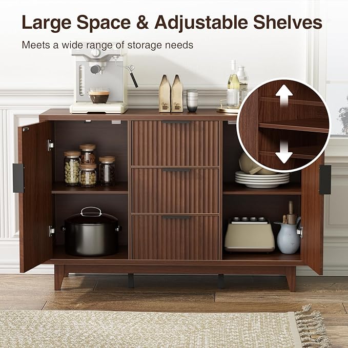 47.2" W Storage Cabinet with 3 Drawers, Fluted Buffet Cabinet with Storage, Large Sideboard with 2 Door, Modern Mid Century TV Stand Coffee Bar Cabinets for Living Room, Kitchen, Entryway