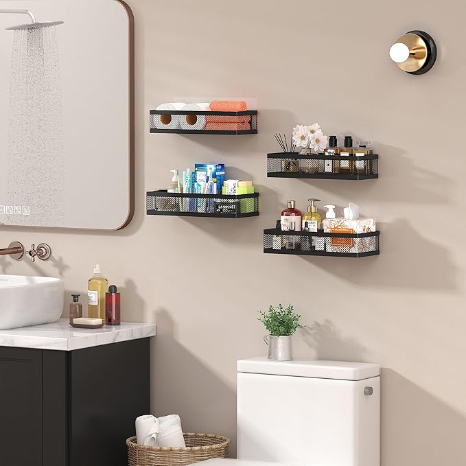 PUSDON Hanging Storage Baskets Organizer Wall Mount, Metal Wire Storage Bin Rack for Kitchen Bathroom Shower Spice Shelf Home Decor Essentials Black-2 Packs (Netting)-NeatNest