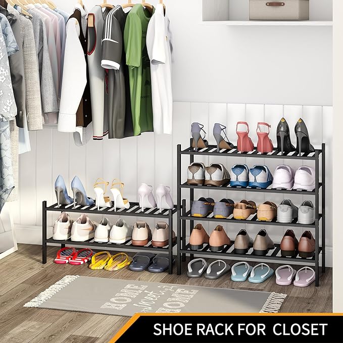 4-Tier Bamboo Shoe Rack for Entryway, Stackable | Heavy Duty | Multi-Function, Free Standing Shoe Racks for Bedroom Hallway Closet（Black）-NeatNest