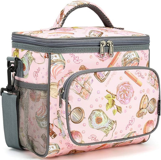 FlowFly Insulated Reusable Lunch Bag Adult Large Lunch Box for Women and Men with Adjustable Shoulder Strap,Front Zipper Pocket and Dual Large Mesh Side Pockets,Rose-NeatNest