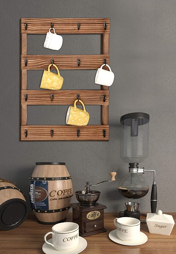 16 Hooks Rustic Pine Wood Coffee Mug Holder 24 x 18 inches Wall Mounted Cup Display Organizer for Home, Kitchen Storage Brown-NeatNest