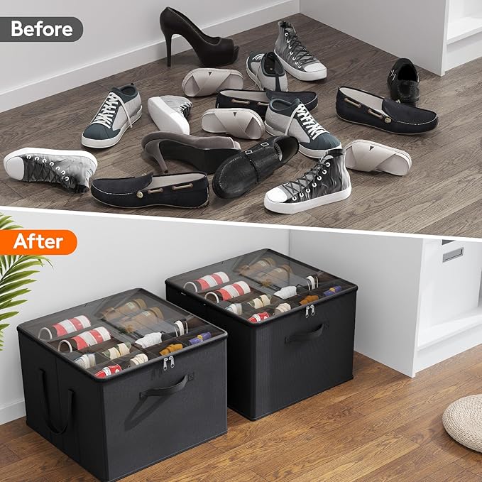 Lifewit Shoe Storage Organizer for Closet, Fits 12-16 Pairs, Large Shoe Box Storage Containers with Clear Cover and Reinforced Handles, Foldable Storage Bins Fit for Boots Heels Sneakers, 3 Pack Black-NeatNest