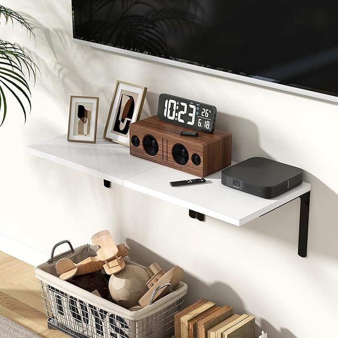 Fun Memories Floating Shelves for Wall, 12 Inch Deep Floating Shelves Set of 2, Wall Mounted Shelf with Metal Brackets, Rustic Wood Wide Shelf for Bathroom, Kitchen and Living Room, White, 16W x 12D-NeatNest