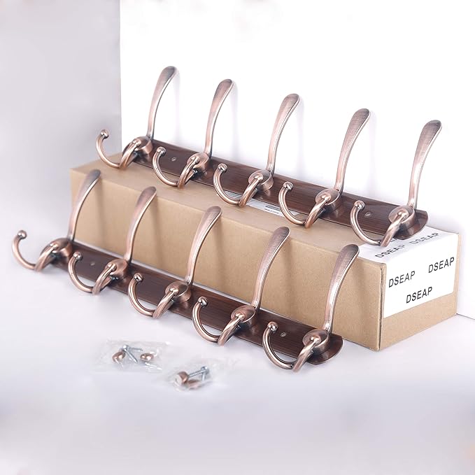 Dseap Wall Mounted Coat Rack - 5 Tri Hooks, Heavy Duty, Stainless Steel, Metal Coat Hook Rail for Coat Hat Towel Purse Robes Mudroom Bathroom Entryway (Antique Copper, 2 Packs)-NeatNest