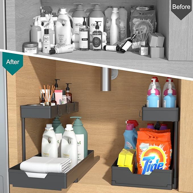 2-Tier Under Sink Organizers 2 Pack Sliding L-shape Cabinet Organizers Narrow Space Storage Shelves Multi-purpose Sink Organizer Baskets with 4 Hook for Kitchen Bathroom Drawer, Black-NeatNest