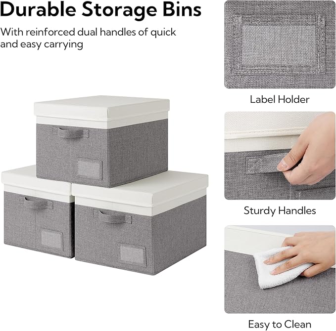 GRANNY SAYS Linen Storage Box, Collapsible Storage Bin with Lids and Label Holder, Clothes Organizer - 3-Pack, Gray & Ivory-NeatNest