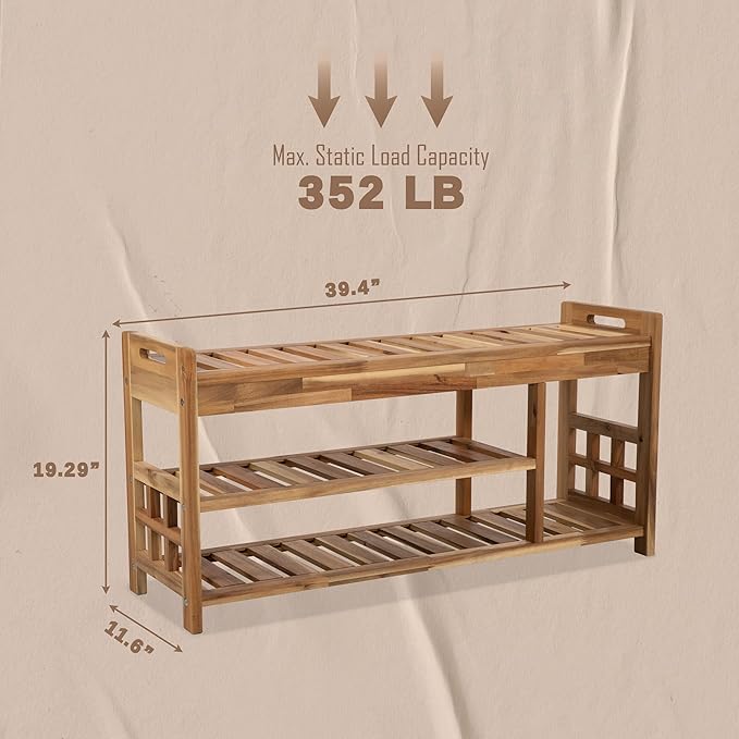 Wooden Shoe Rack with Bench Seat - Light Natural Acacia Wood Entryway Organizer with Cushioned Top & Easy-Move Handles - Multi-Level Shoe Shelf (39.4 x 11.6X 19.29)-NeatNest