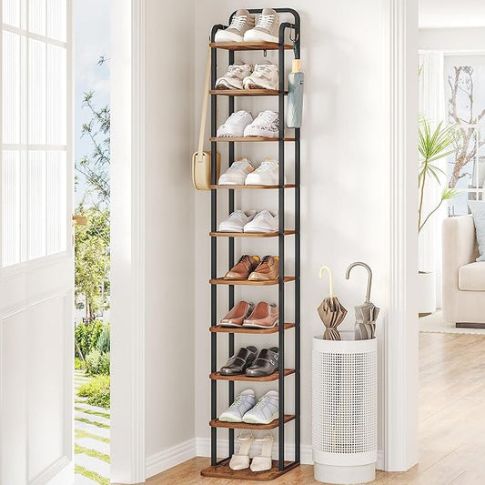 10 Tiers Vertical Shoe Rack, Narrow Shoe Tower, Tall Shoes Shelf with 2 Hooks, Adjustable Shelves, Corner Shoes Shelves for Small Spaces, Entryway, Living Room, Rustic Brown SR11201B-NeatNest