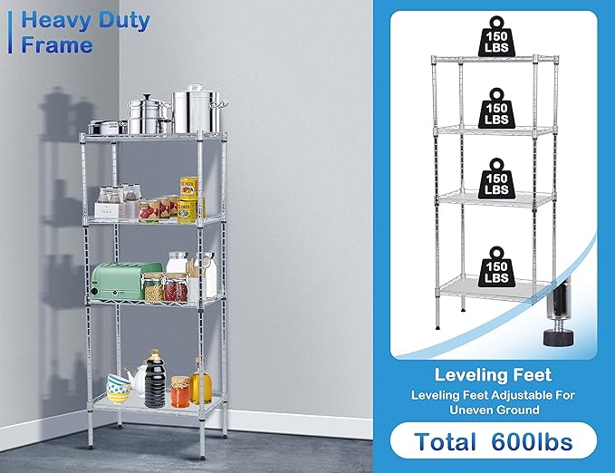 4-Tier Metal Wire Shelving Unit Kitchen Shelf Organizer Height Adjustable Storage Rack Utility Snack Shelf, NSF Certified Storage Shelves for Laundry Bathroom Kitchen Pantry Organization-NeatNest