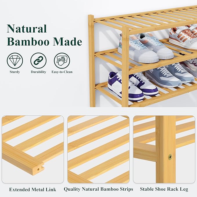 Smiry Shoe Rack, 2 Tier Thick Bamboo Shoe Organizer, Stackable Free Standing Wooden Shoe Storage Shelf for Closet, Entryway, Front Door Entrance, Natural-NeatNest
